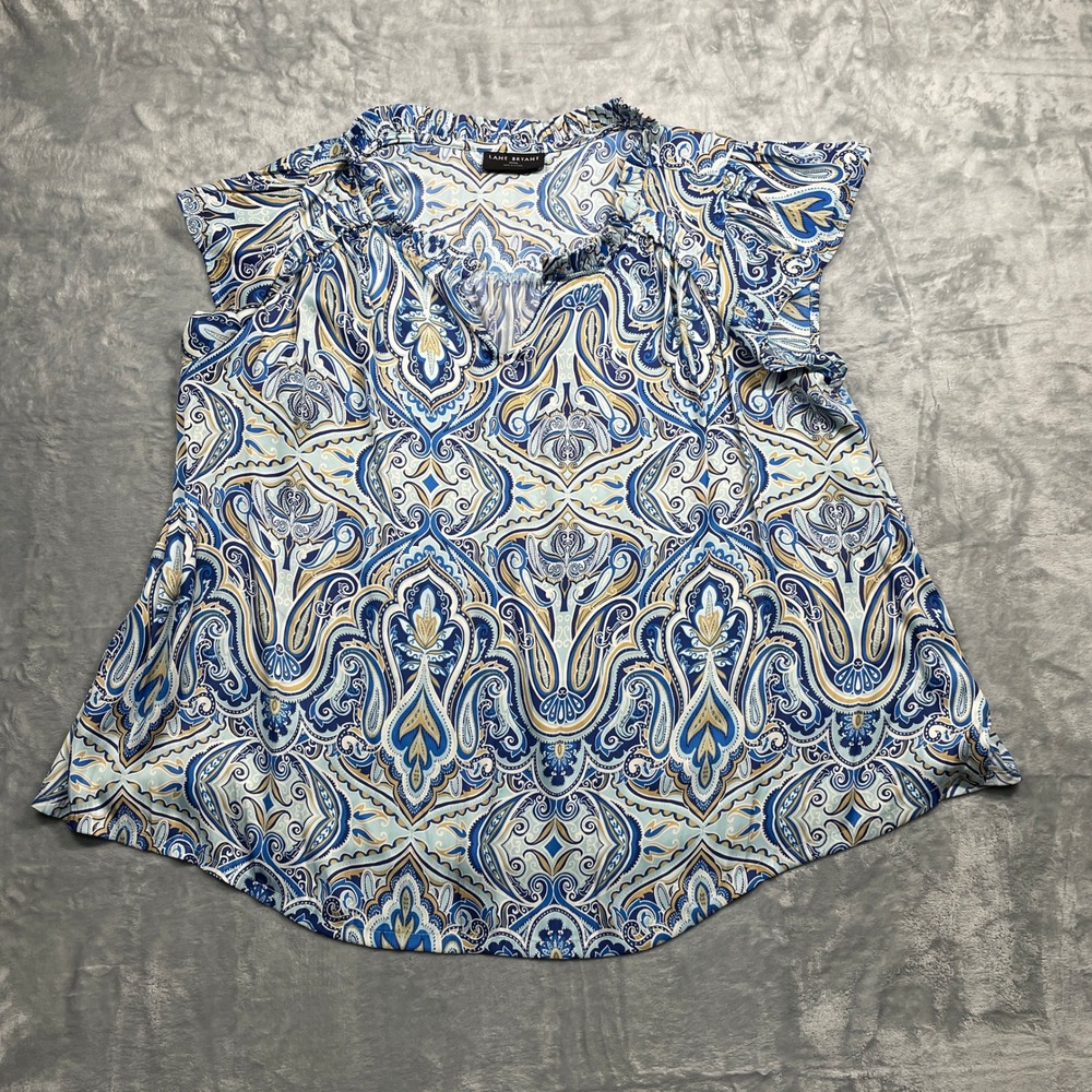 Lane Bryant Paisley Blouse Blue Gold Ruffle Split Neck Cap Sleeve Sz 22/24